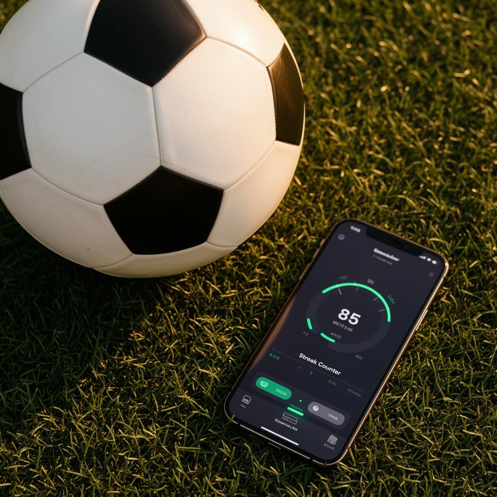 Fodbold på græs ved siden af en telefon der viser streak counter